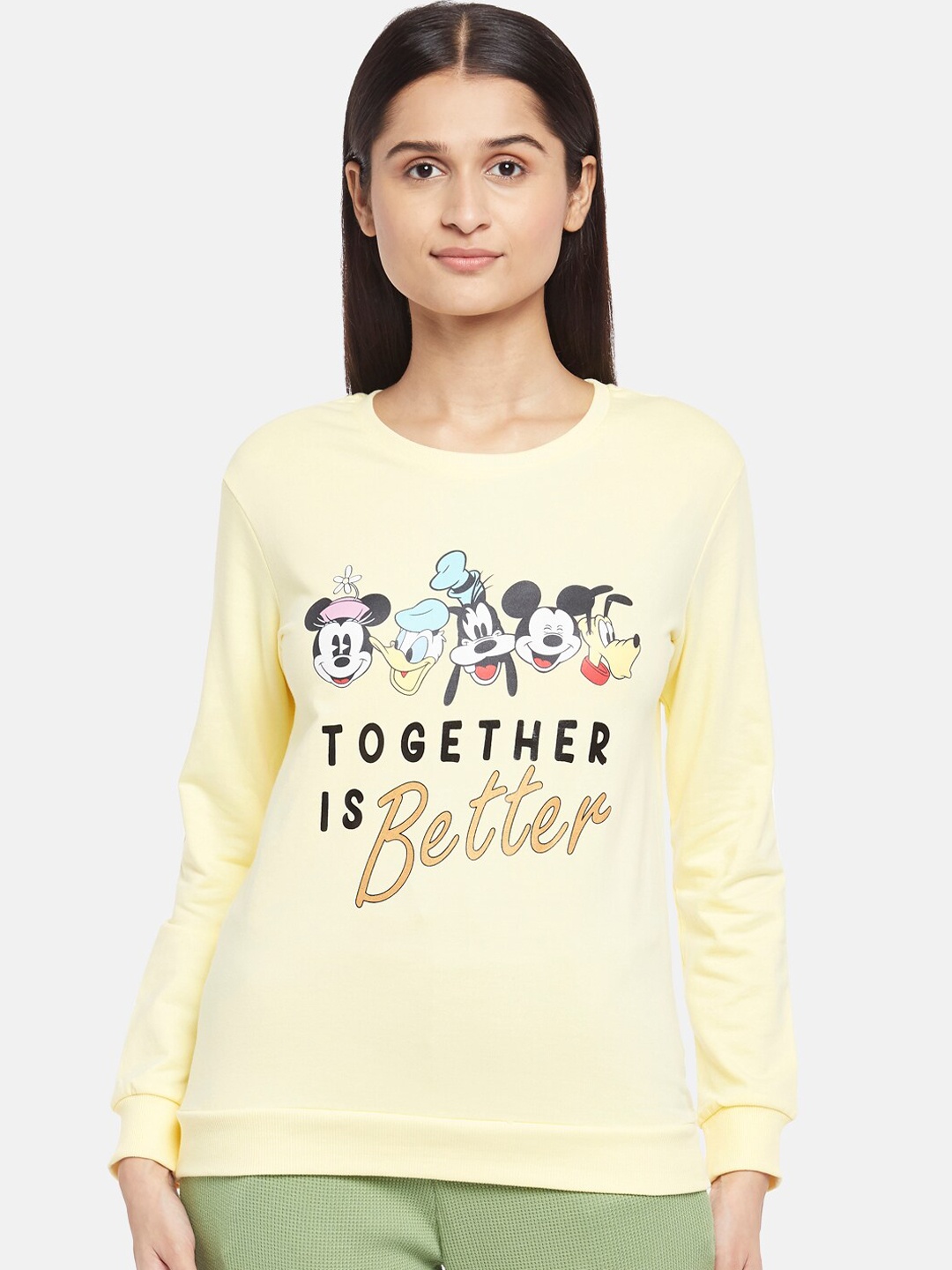 

Dreamz by Pantaloons Women Yellow & Black Printed Pure Cotton Lounge T-Shirt