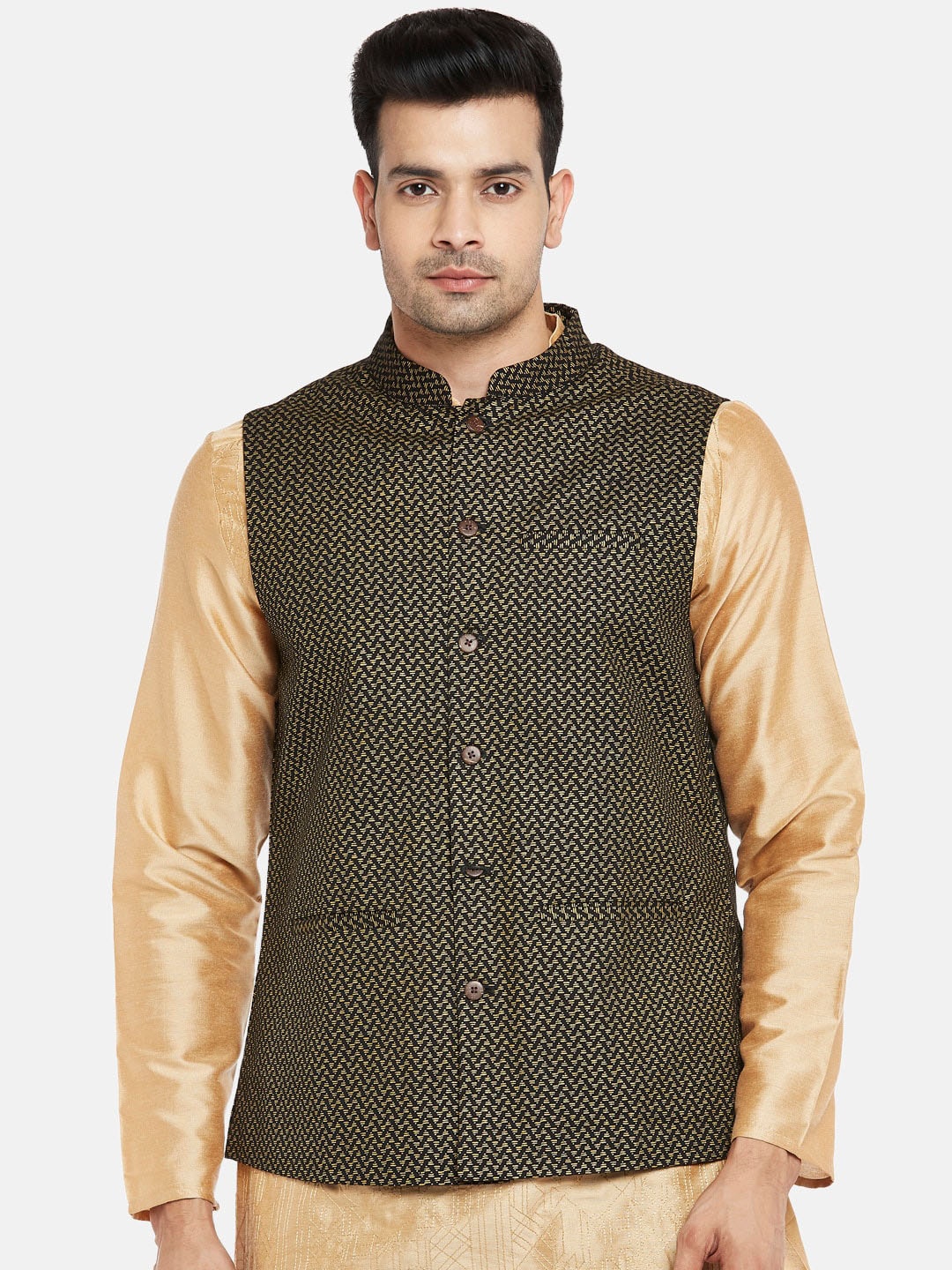 

indus route by Pantaloons Men Black Woven Design Pure Cotton Waistcoat