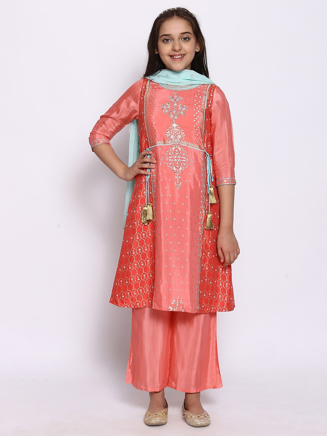 

AURELIA Girls Pink Ethnic Motifs Printed Kurta with Palazzos & With Dupatta