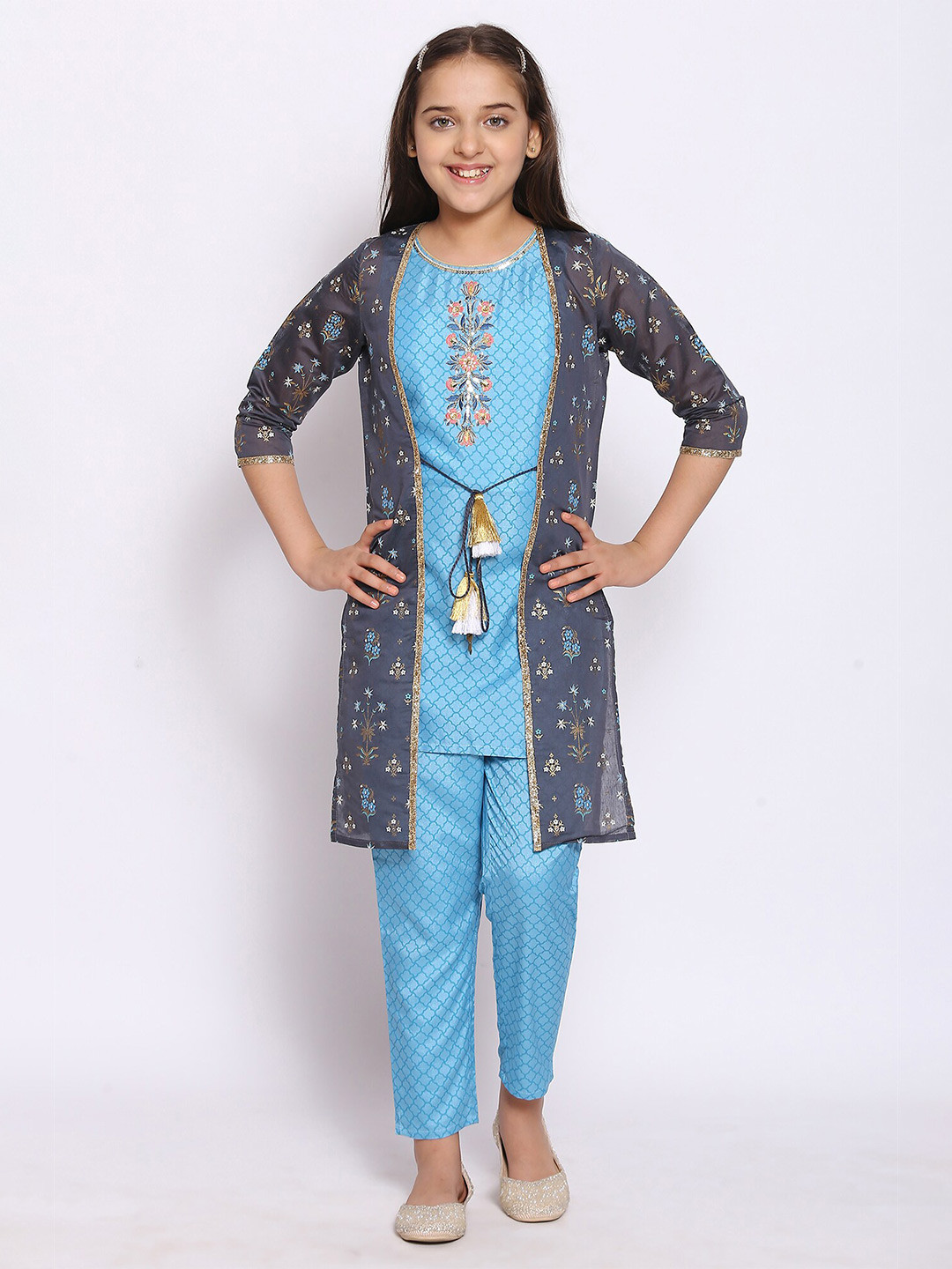 

AURELIA Girls Blue Printed Layered Kurta with Trousers