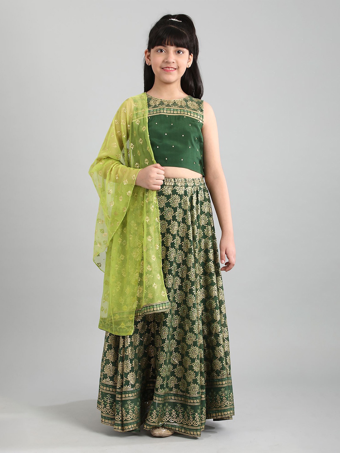 

AURELIA Girls Green Floral Printed Ready to Wear Lehenga & Blouse With Dupatta