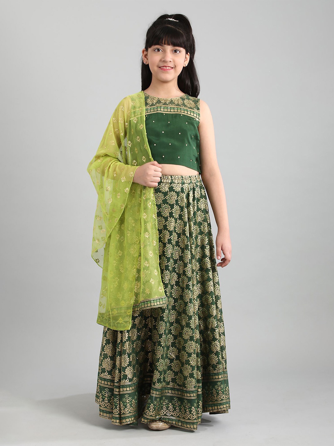 

AURELIA Girls Green & Gold-Toned Printed Ready to Wear Lehenga & Blouse With Dupatta