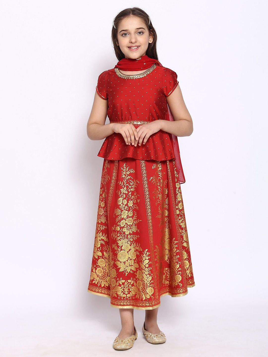 

AURELIA Girls Red & Gold-Toned Printed Fusion Lehenga Choli