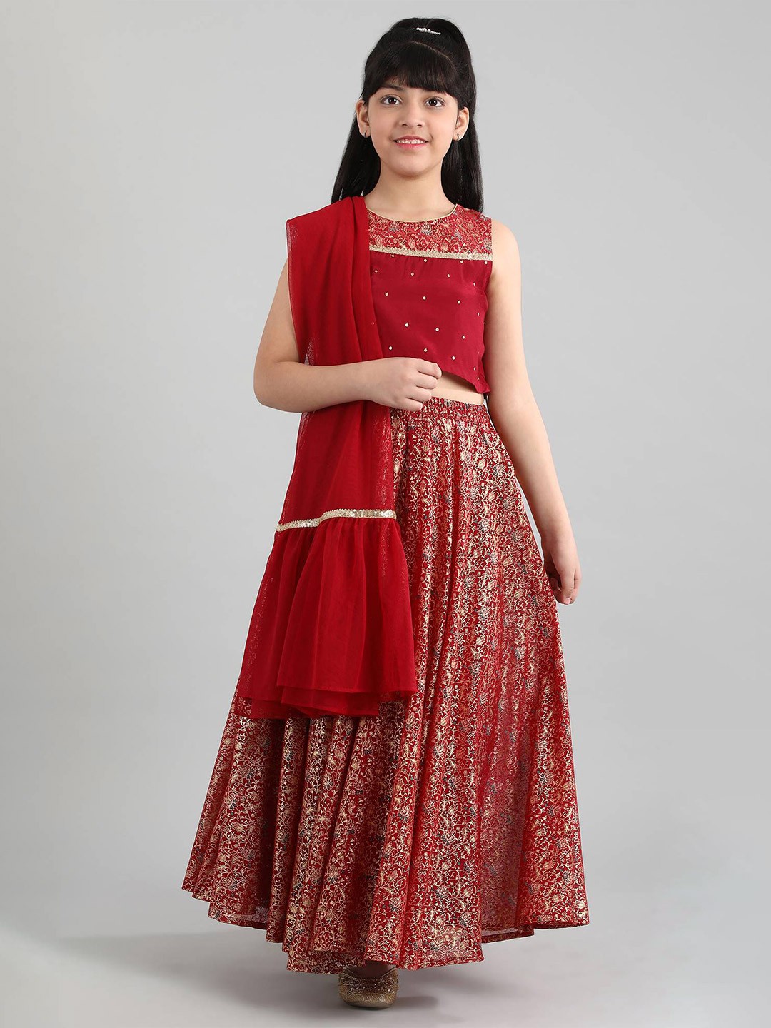 

AURELIA Girls Red Printed Ready to Wear Lehenga & Blouse With Dupatta