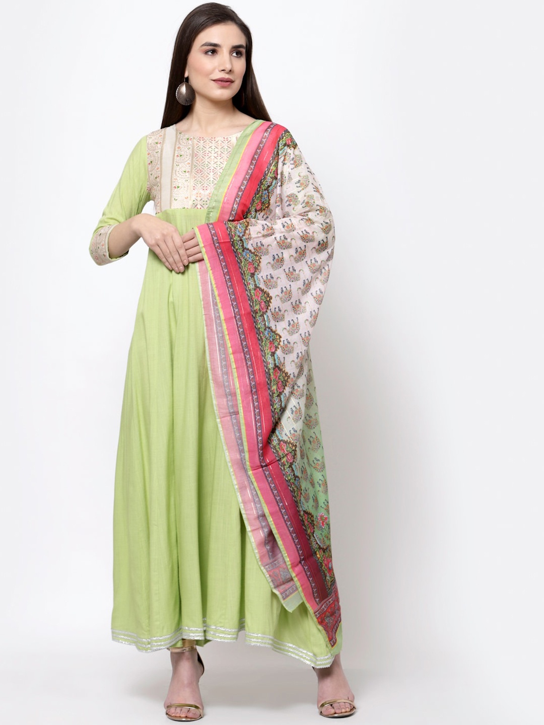 

Myshka Women Green & Pink Ethnic Motifs Printed Anarkali Kurta