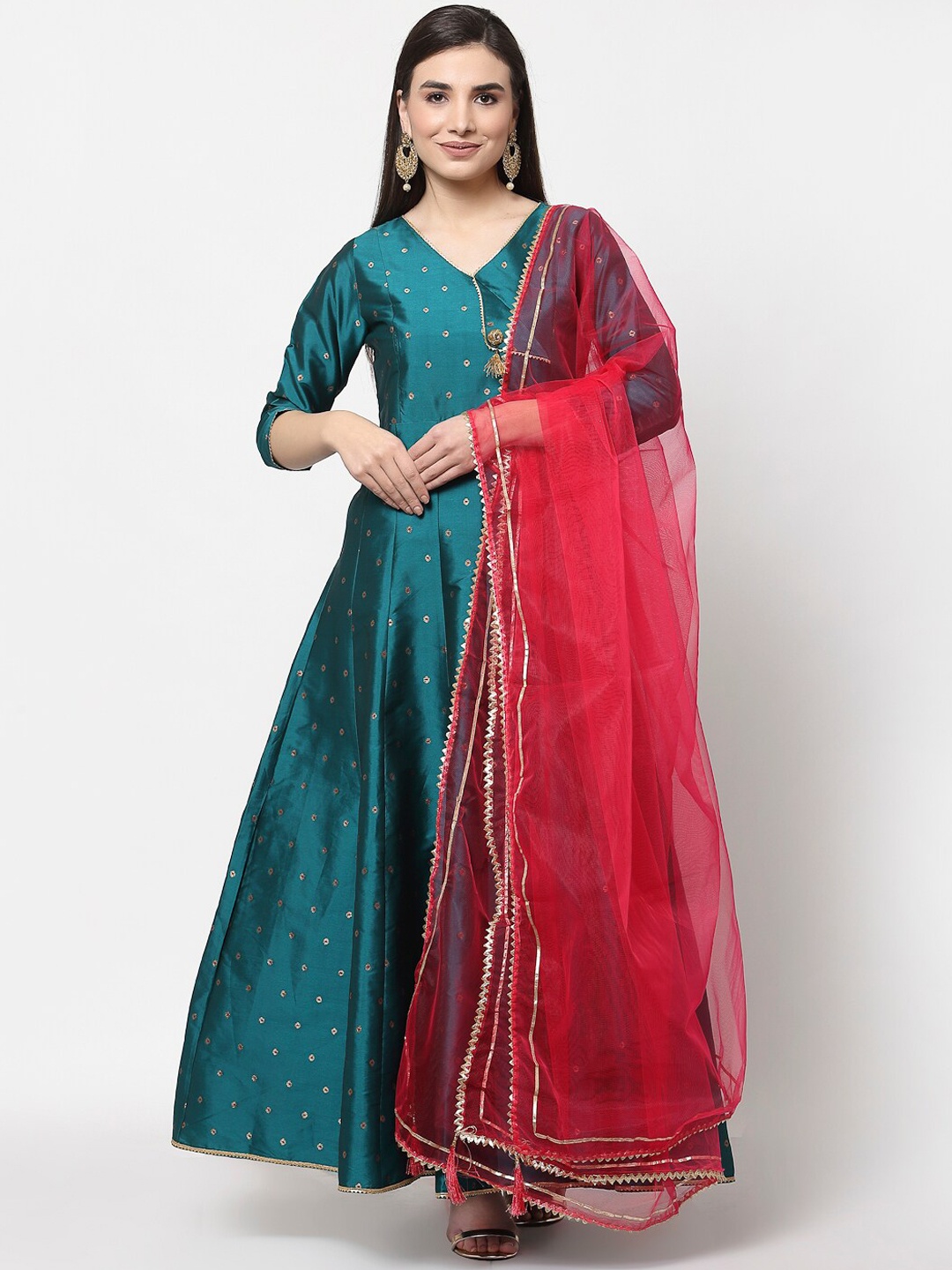 

Myshka Women Teal Woven Design Anarkali Kurta With Dupatta