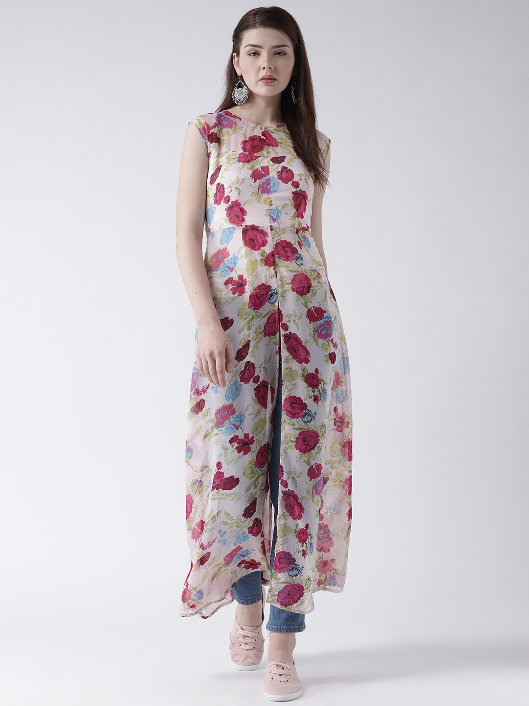 

DODO & MOA Women Pink & Off-White Floral Print Maxi Longline Top