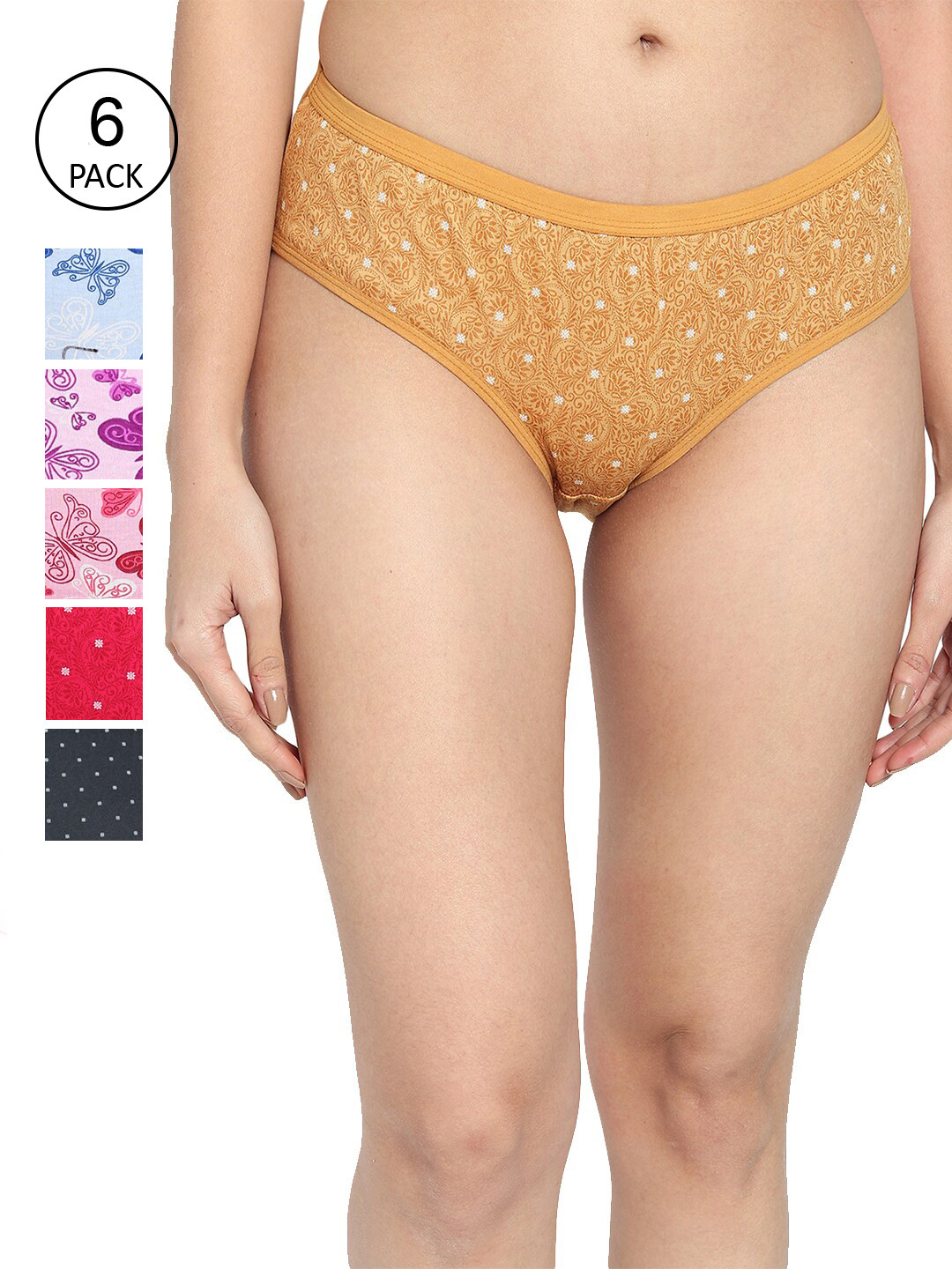

Fleurt Women Pack of 6 Assorted Printed Cotton Bikini Briefs