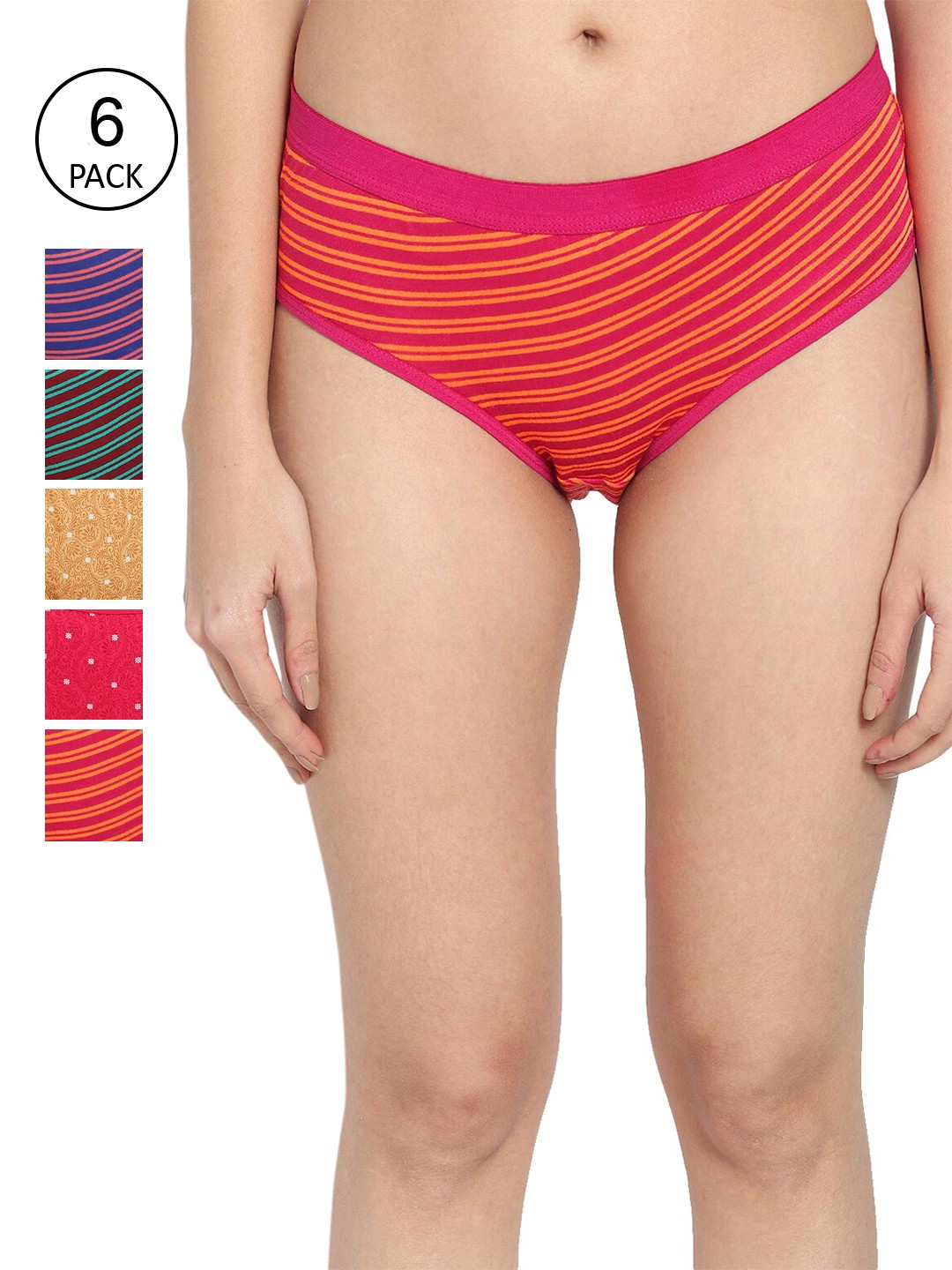 

Fleurt Women Pack Of 6 Assorted Pure Cotton Hipster Briefs