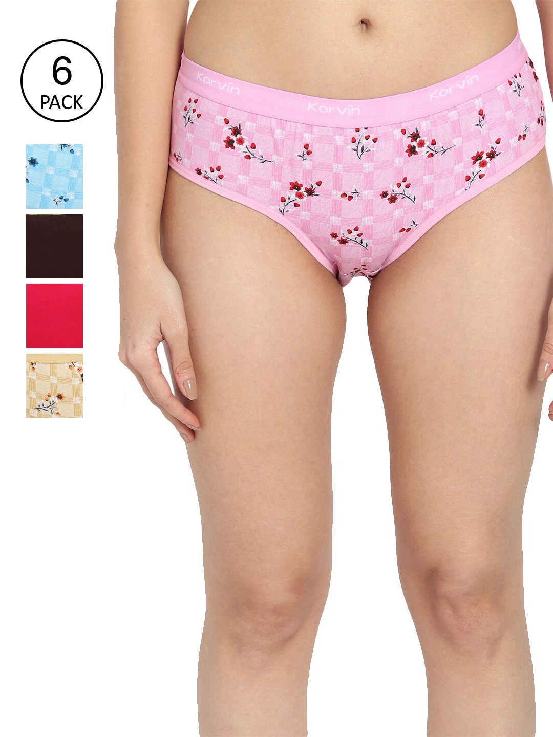 

Fleurt Women Pack Of 6 Assorted Pure Cotton Hipster Briefs
