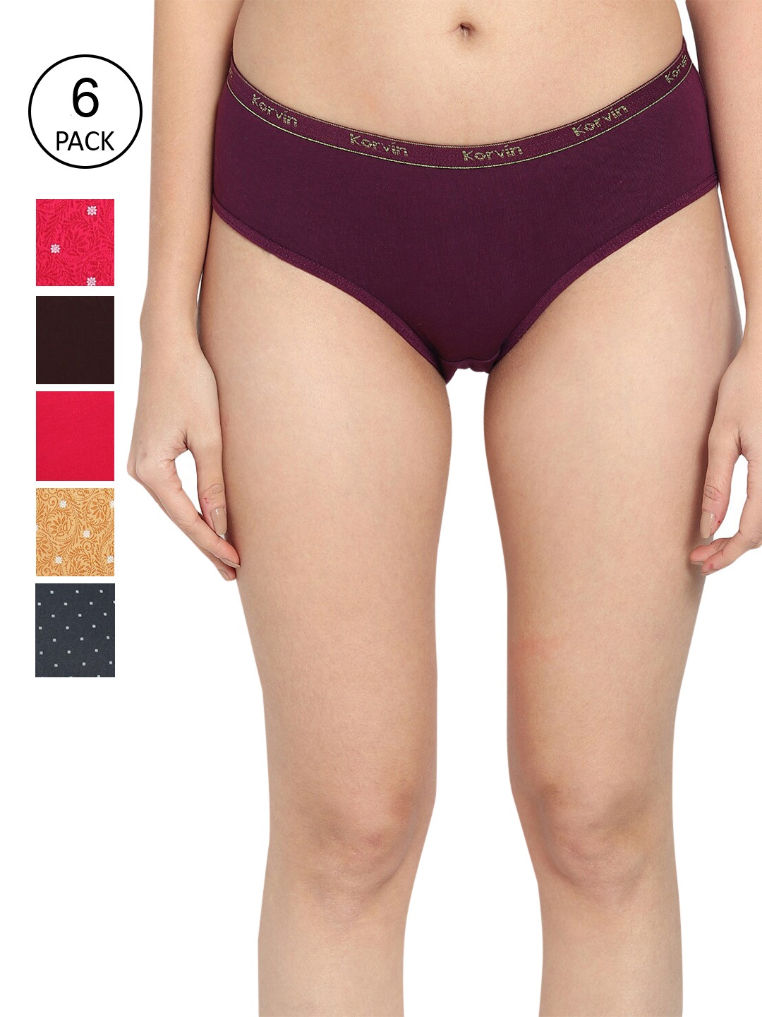 

Fleurt Women Pack Of 6 Assorted Pure Cotton Hipster Briefs