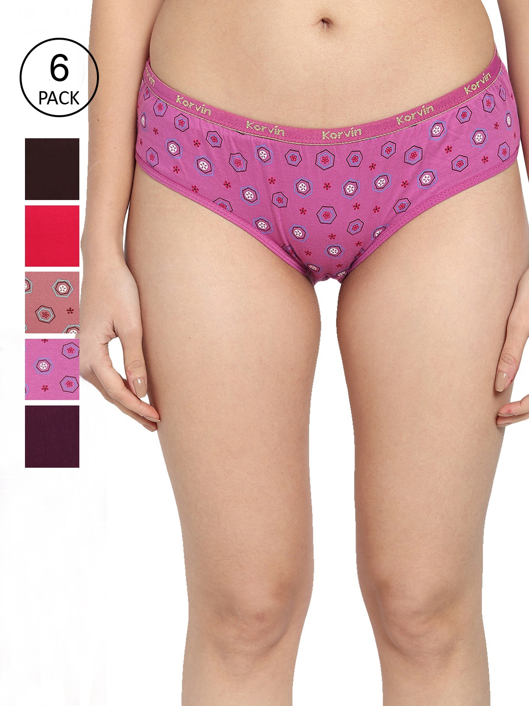 

Fleurt Women Pack Of 6 Assorted Pure Cotton Hipster Briefs
