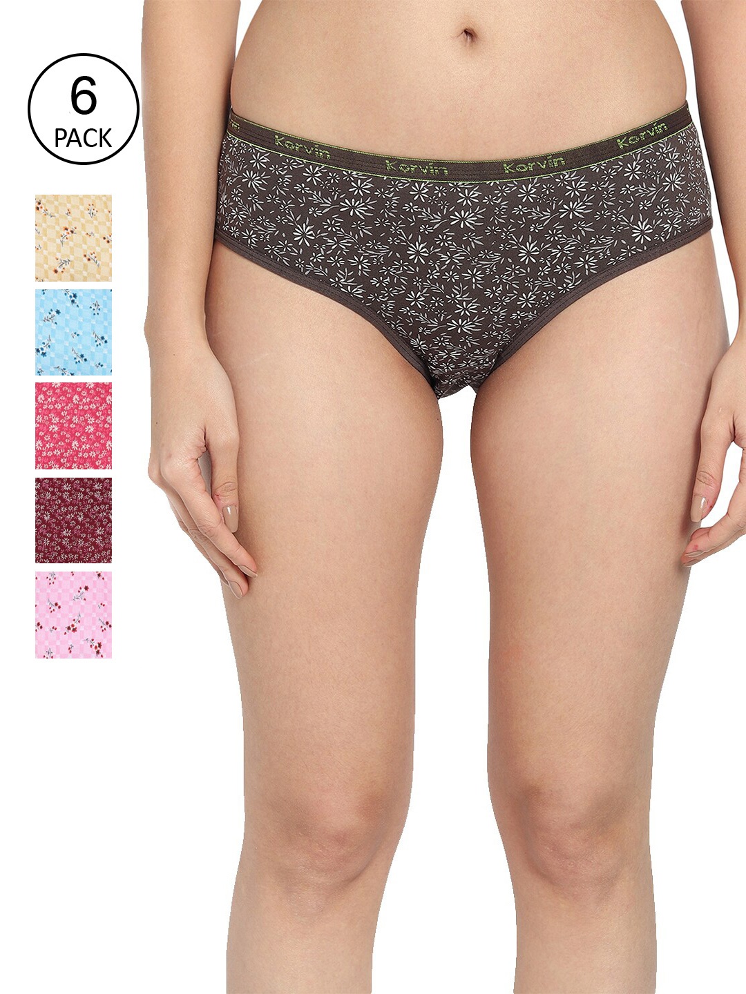

Fleurt Women Pack Of 6 Assorted Pure Cotton Hipster Briefs