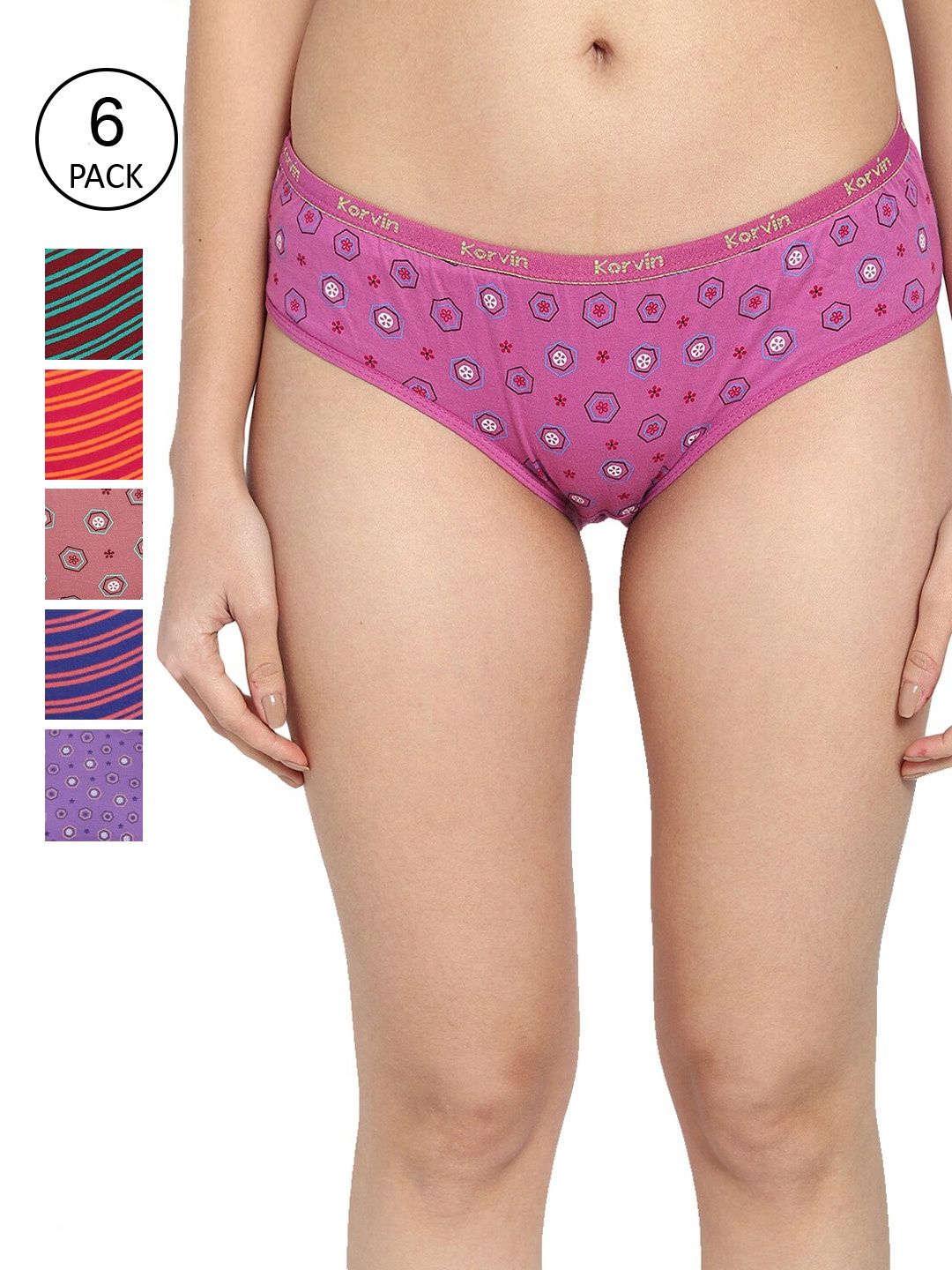 

Fleurt Women Pack Of 6 Assorted Pure Cotton Hipster Briefs