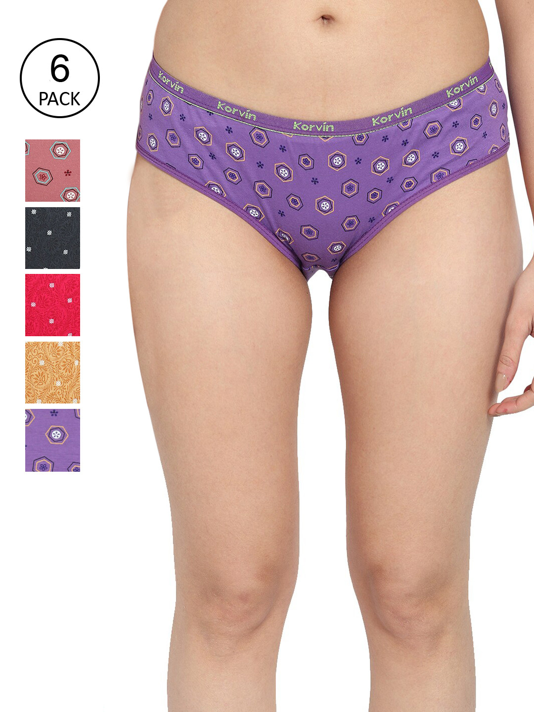

Fleurt Women Pack Of 6 Assorted Pure Cotton Hipster Briefs