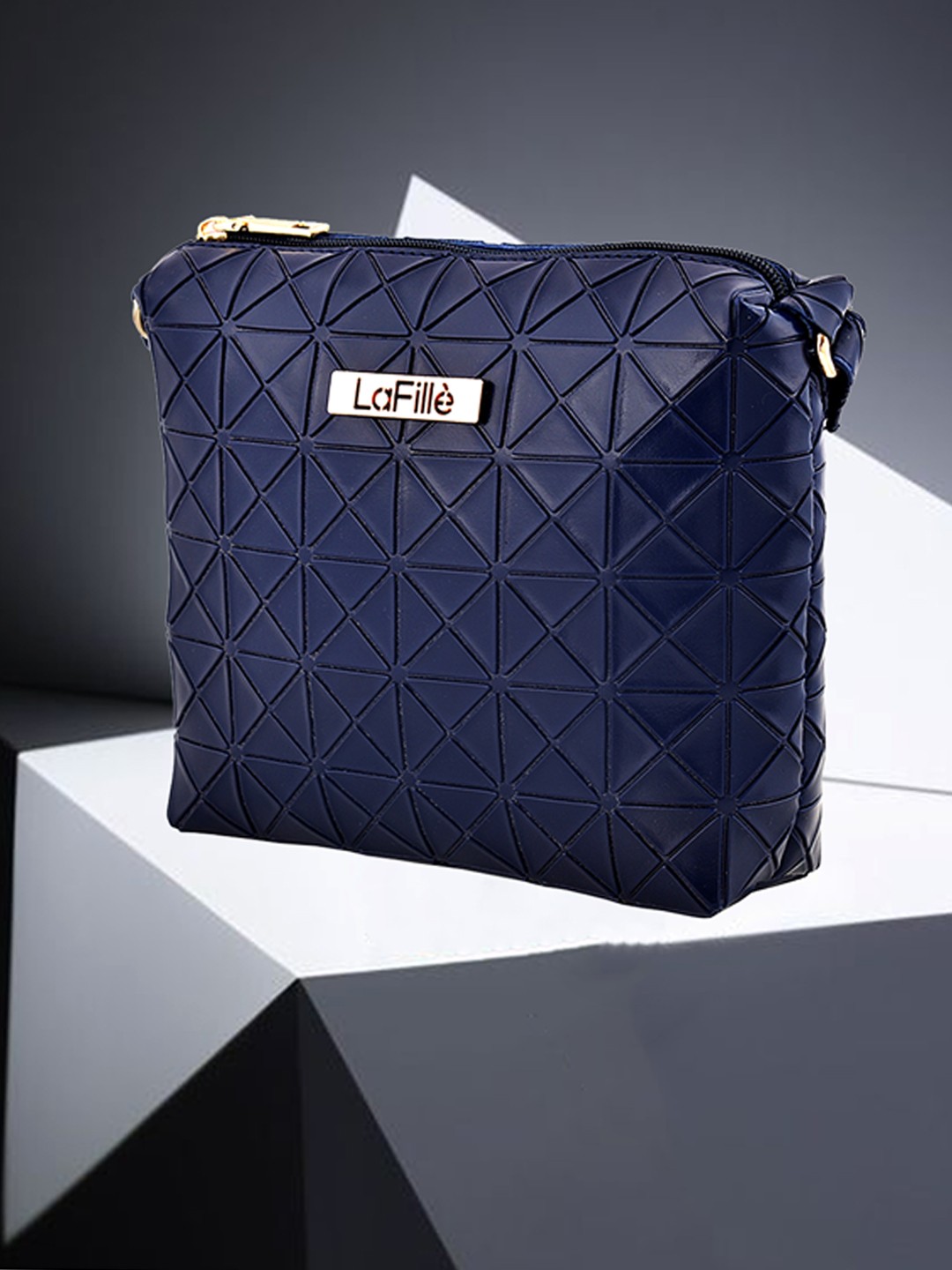 

LaFille Blue PU Structured Handheld Bag with Applique