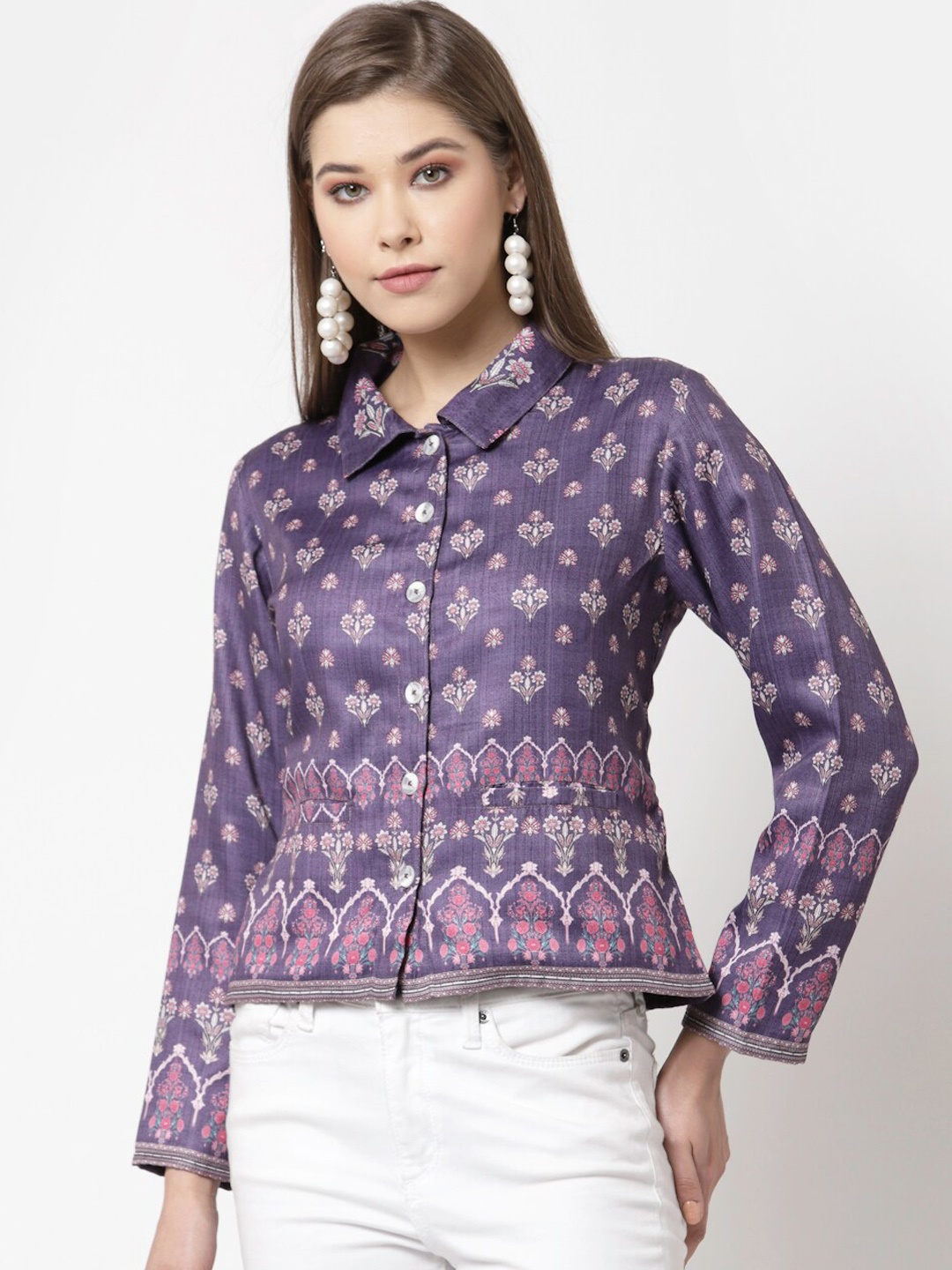 

Myshka Purple Floral Printed Shirt Style Top