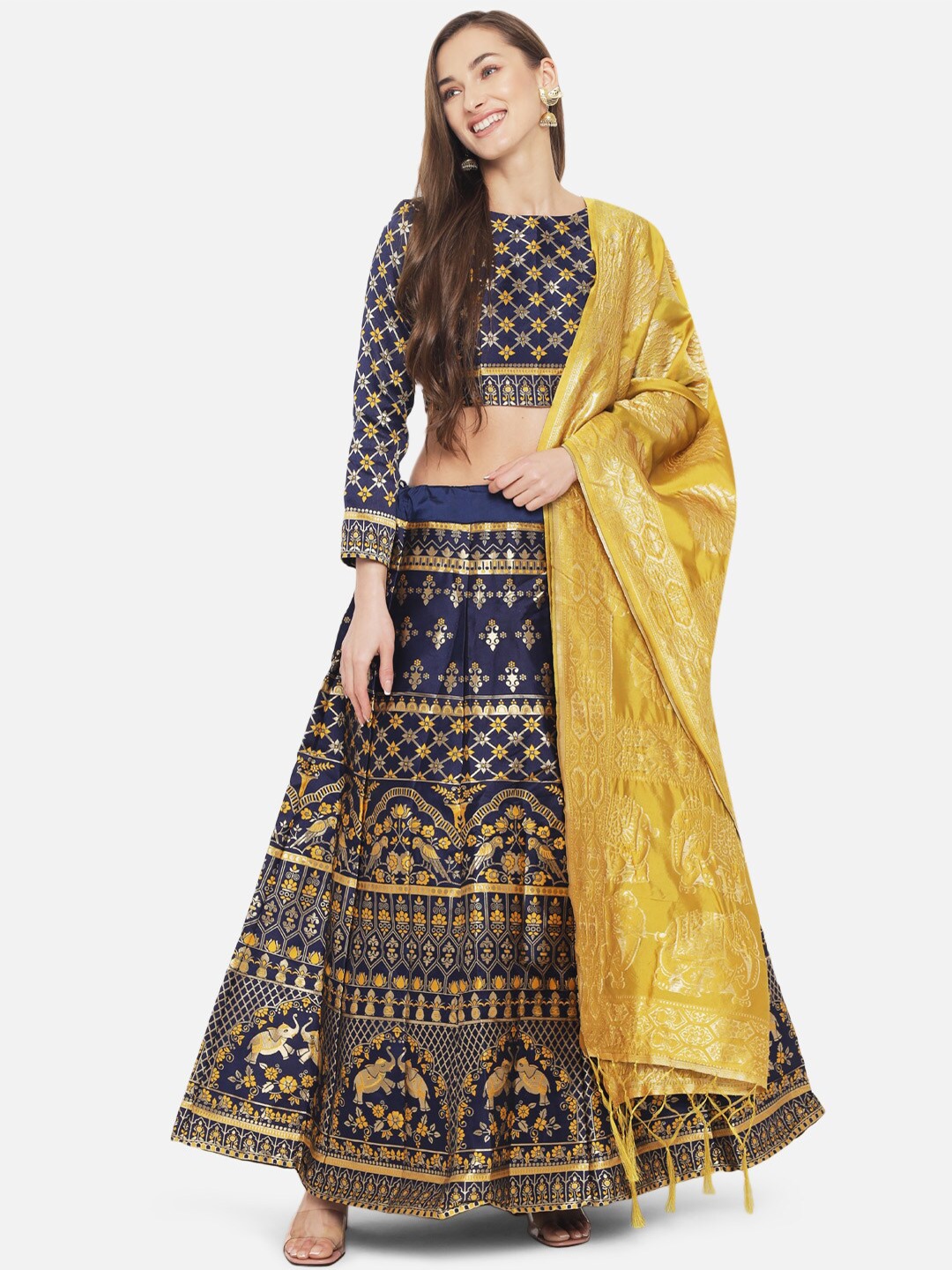 

Mitera Yellow & Navy Blue Embroidered Ready to Wear Lehenga Choli With Dupatta