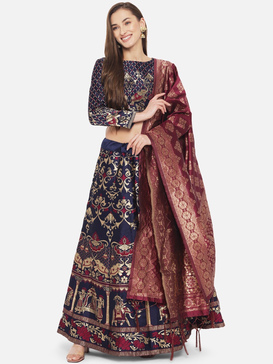 

Mitera Purple & Navy Blue Ready to Wear Lehenga & Unstitched Blouse With Dupatta