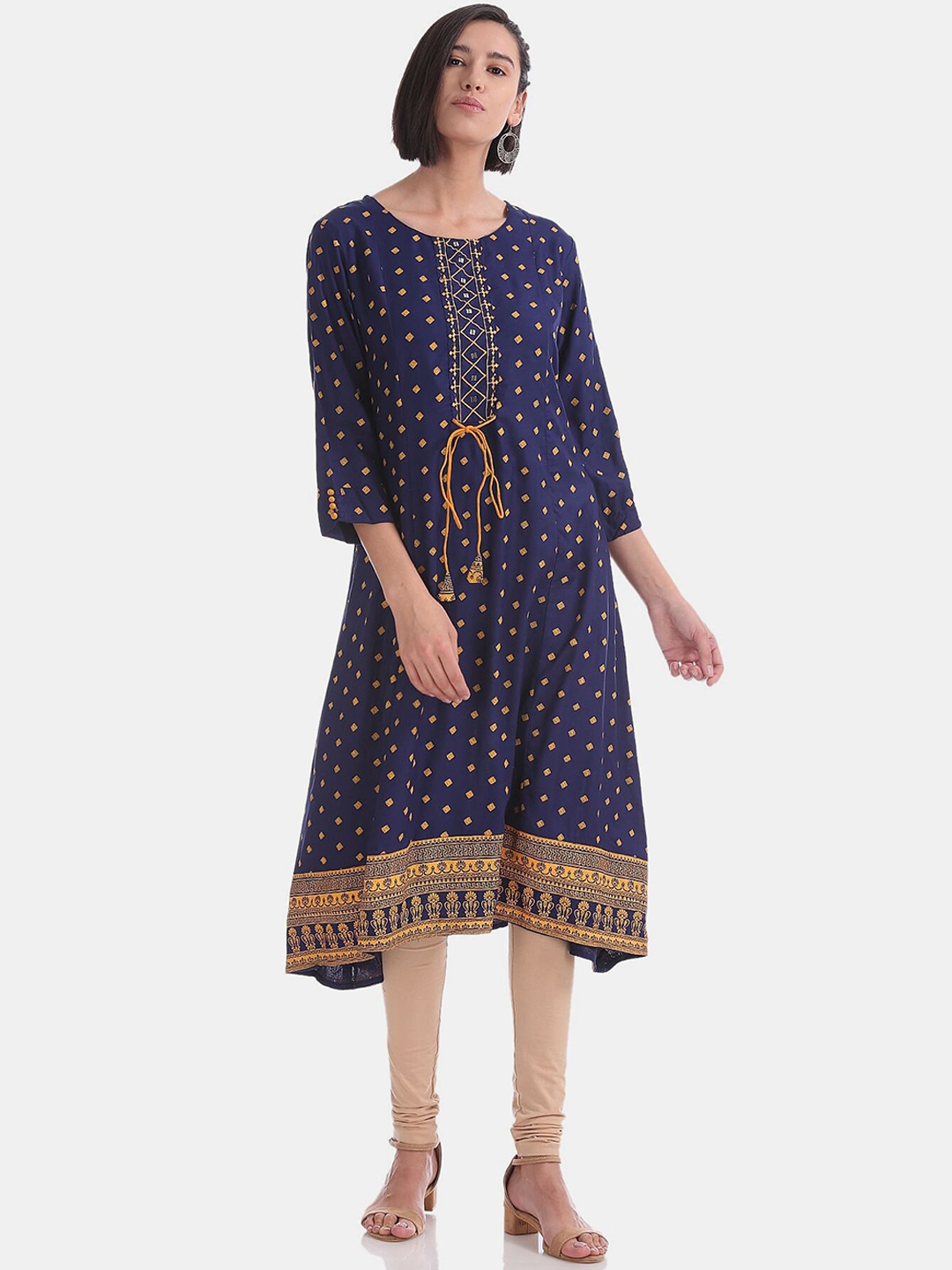 

Anahi Women Navy Blue Ethnic Motifs Printed Tie Up Waist Kurta