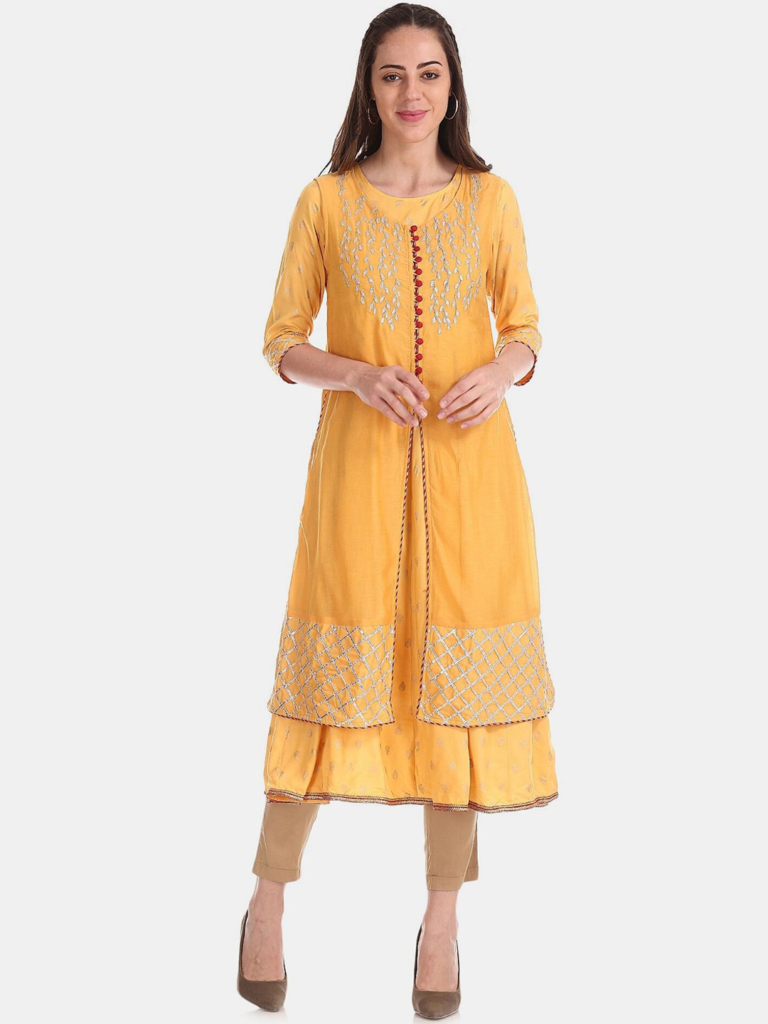 

Anahi Women Yellow Ethnic Motifs Printed Kurta With Embroidered Cover Up