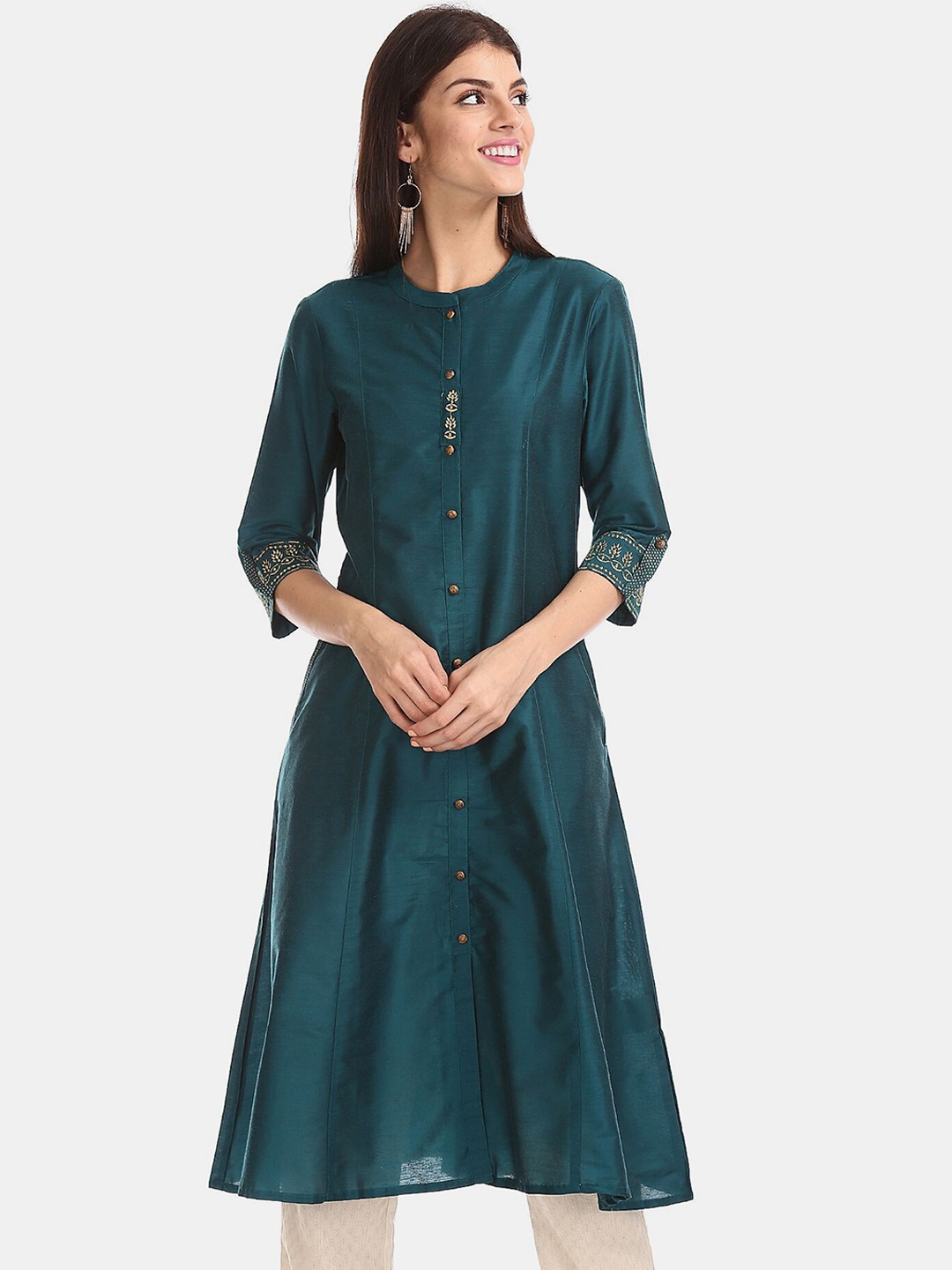 

Anahi Women Teal & Gold-Toned Embroidered Kurta