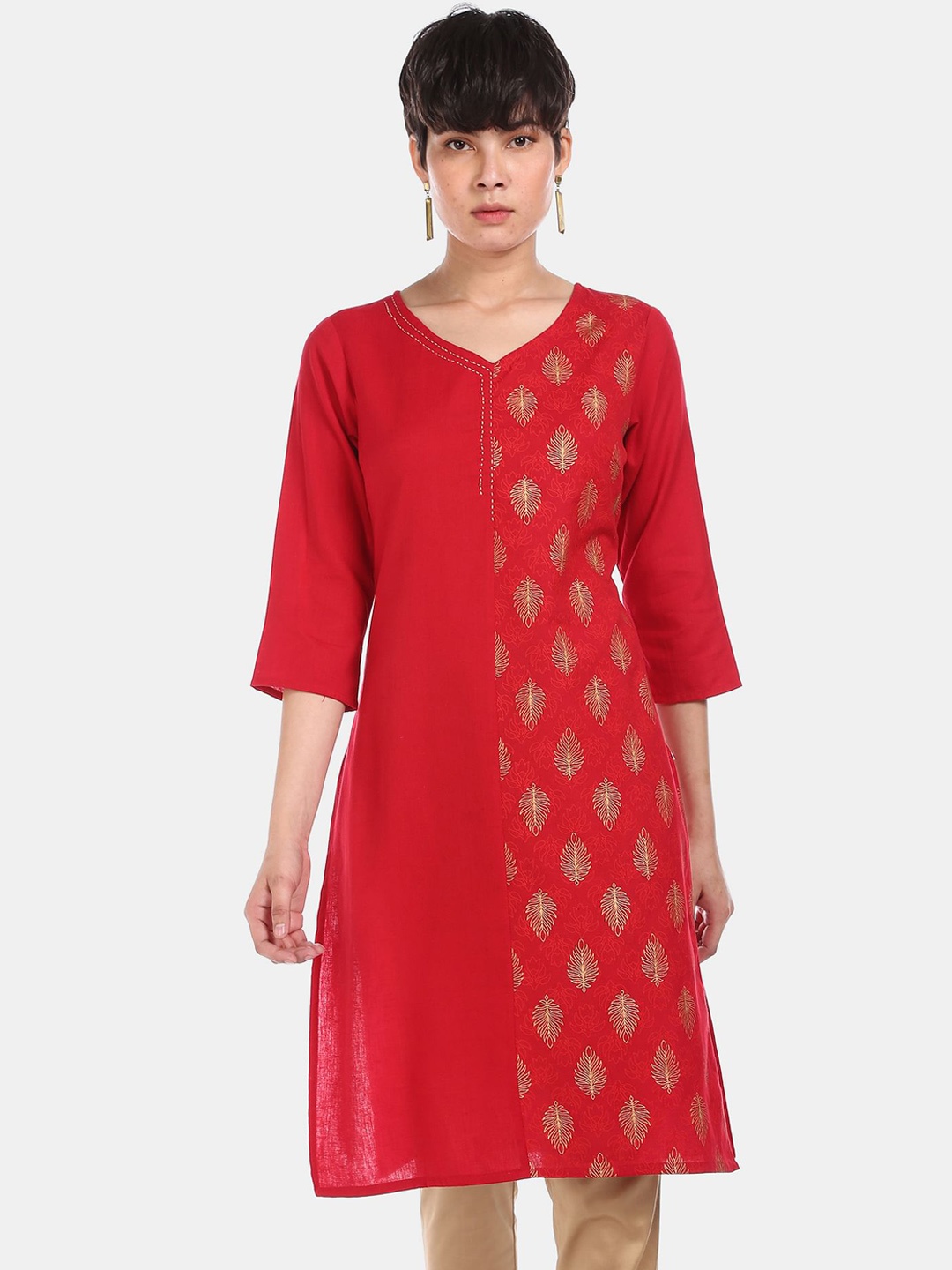 

Karigari Women Red & Gold-Toned Ethnic Motifs Printed Kurta