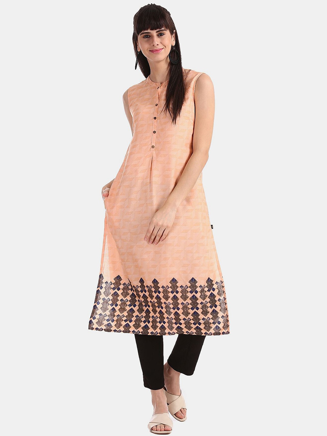 

Karigari Women Orange Printed Sleeveless Kurta