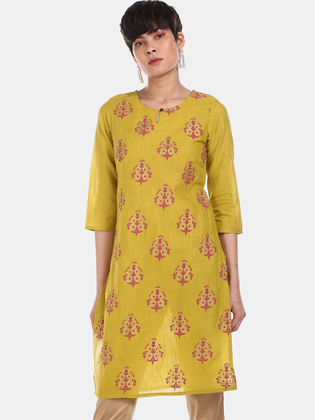 

Karigari Women Lime Green Floral Printed Kurta