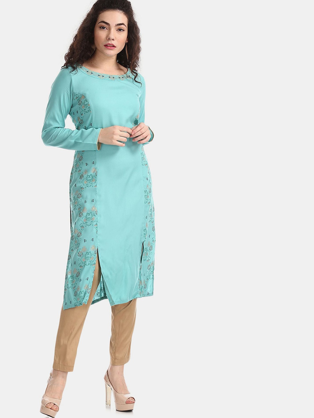 

Karigari Women Blue Printed Panel Kurta
