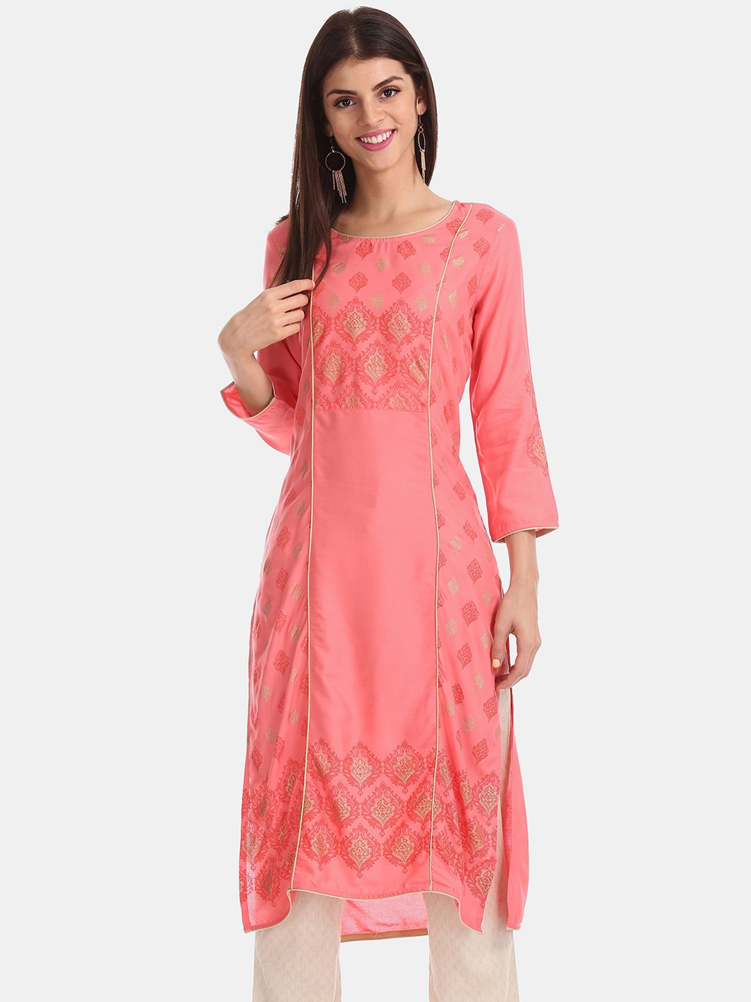 

Karigari Women Pink & Gold-Toned Ethnic Motifs Kurta