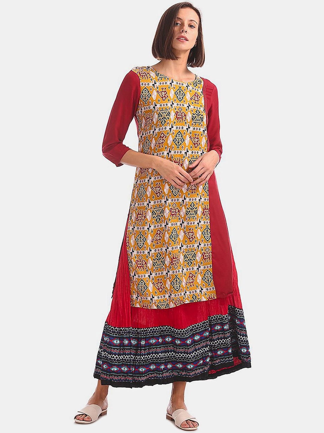 

Karigari Women Maroon & Yellow Ethnic Motifs Printed Kurta