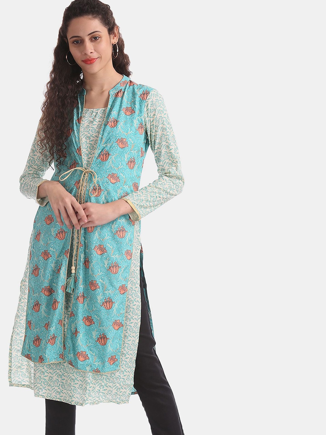 

Karigari Women Blue Floral Printed Kurta