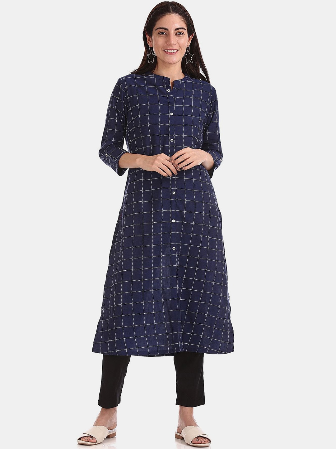 

Karigari Women Blue Checked Kurta