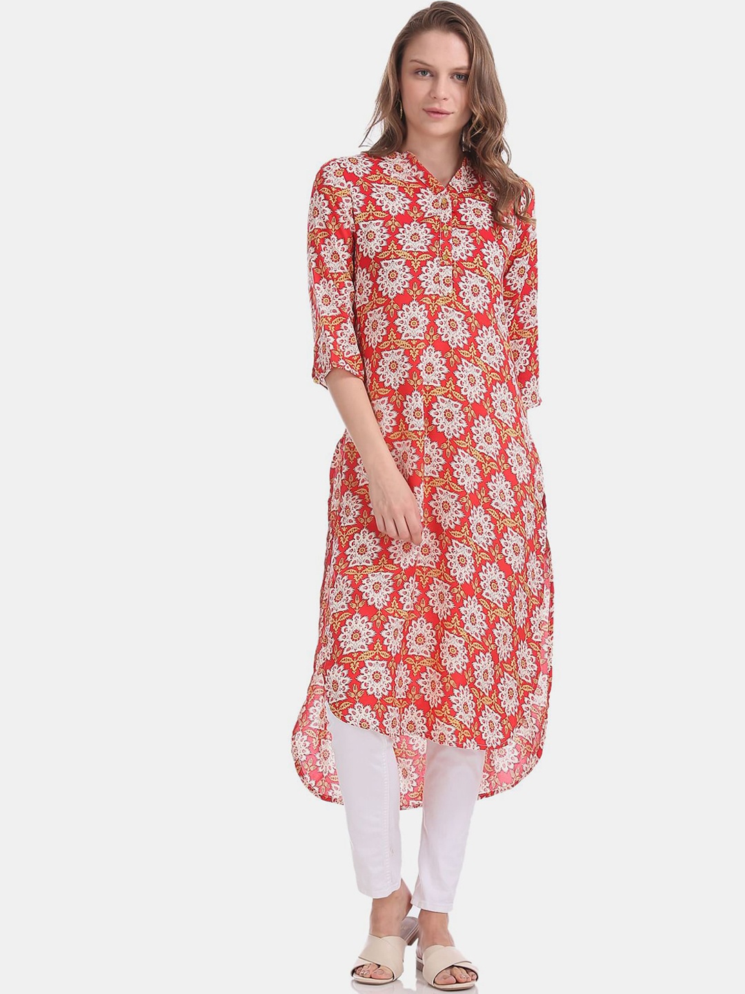 

Karigari Women Red Ethnic Motifs Printed Pathani Kurta