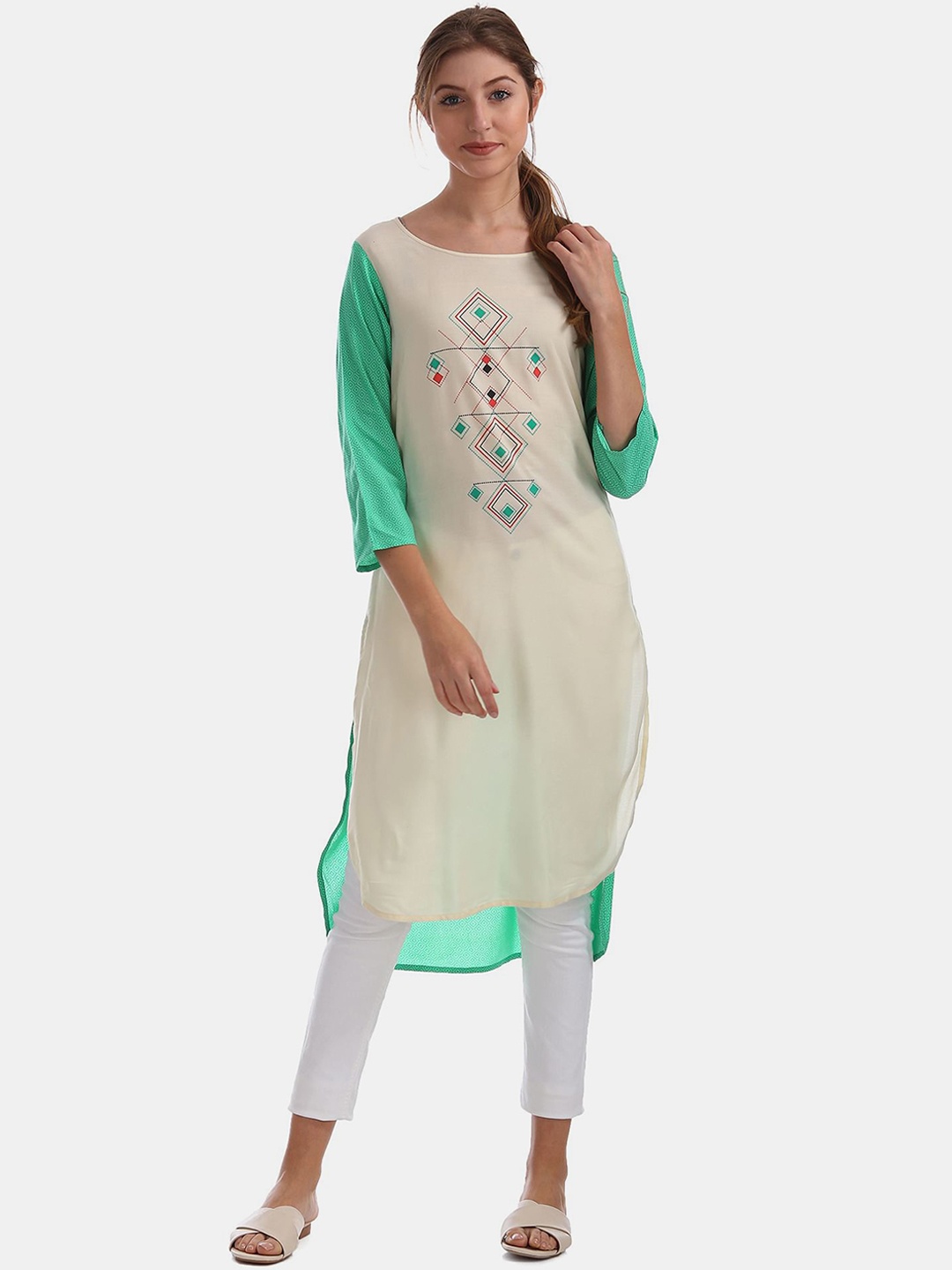 

Karigari Women White Geometric High Low Printed Thread Work Kurta