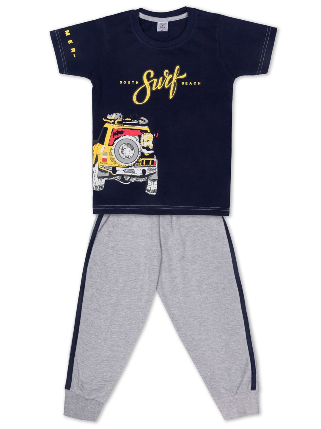 

Todd N Teen Boys Navy Blue & Grey Printed T-shirt with Trousers