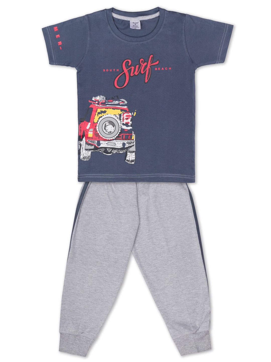 

Todd N Teen Boys Pure Cotton Grey & Blue Printed T-shirt with Trousers Co-Ords Set