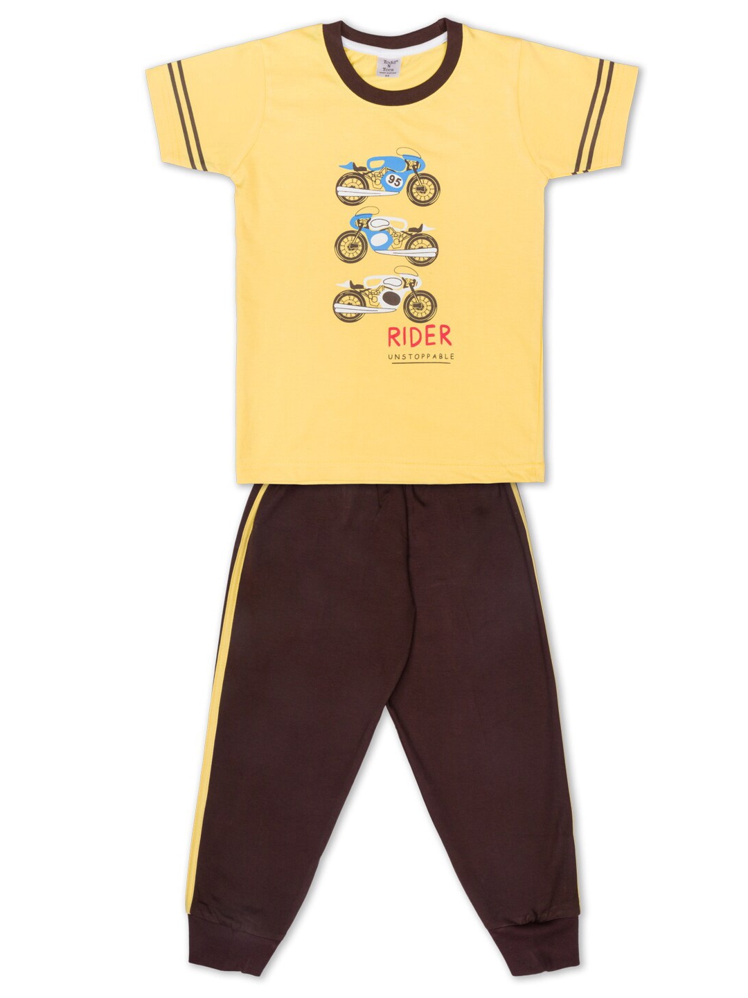 

Todd N Teen Boys Yellow & Brown Printed Pure Cotton Co-ords Set