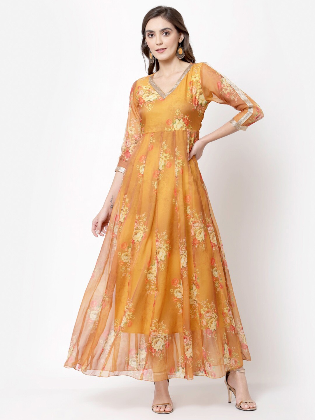 

Myshka Mustard Brown Floral Printed Organza Maxi Dress