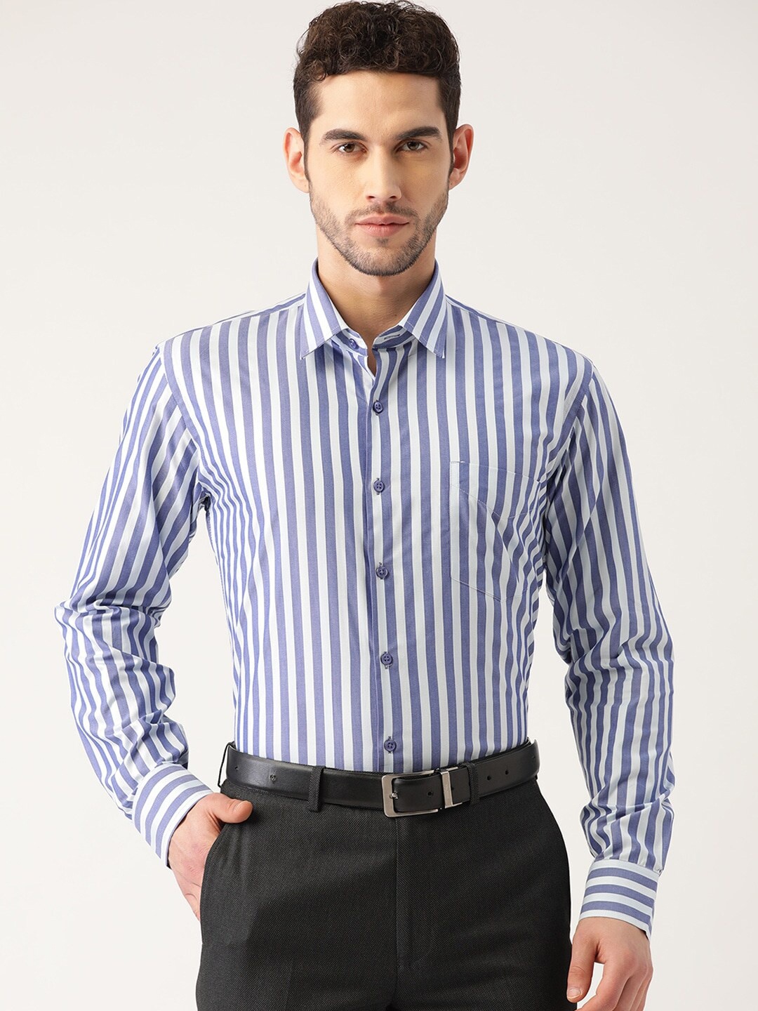 

Hancock Men Blue & White Slim Fit Striped Cotton Formal Shirt