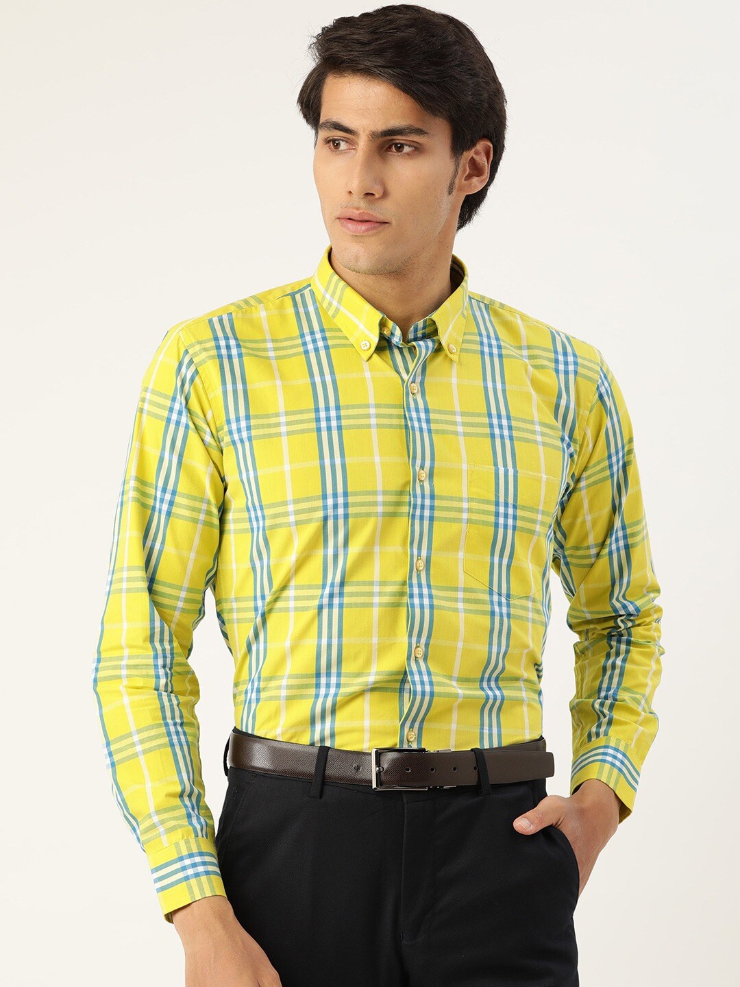 

Hancock Men Yellow Slim Fit Tartan Checked Cotton Formal Shirt