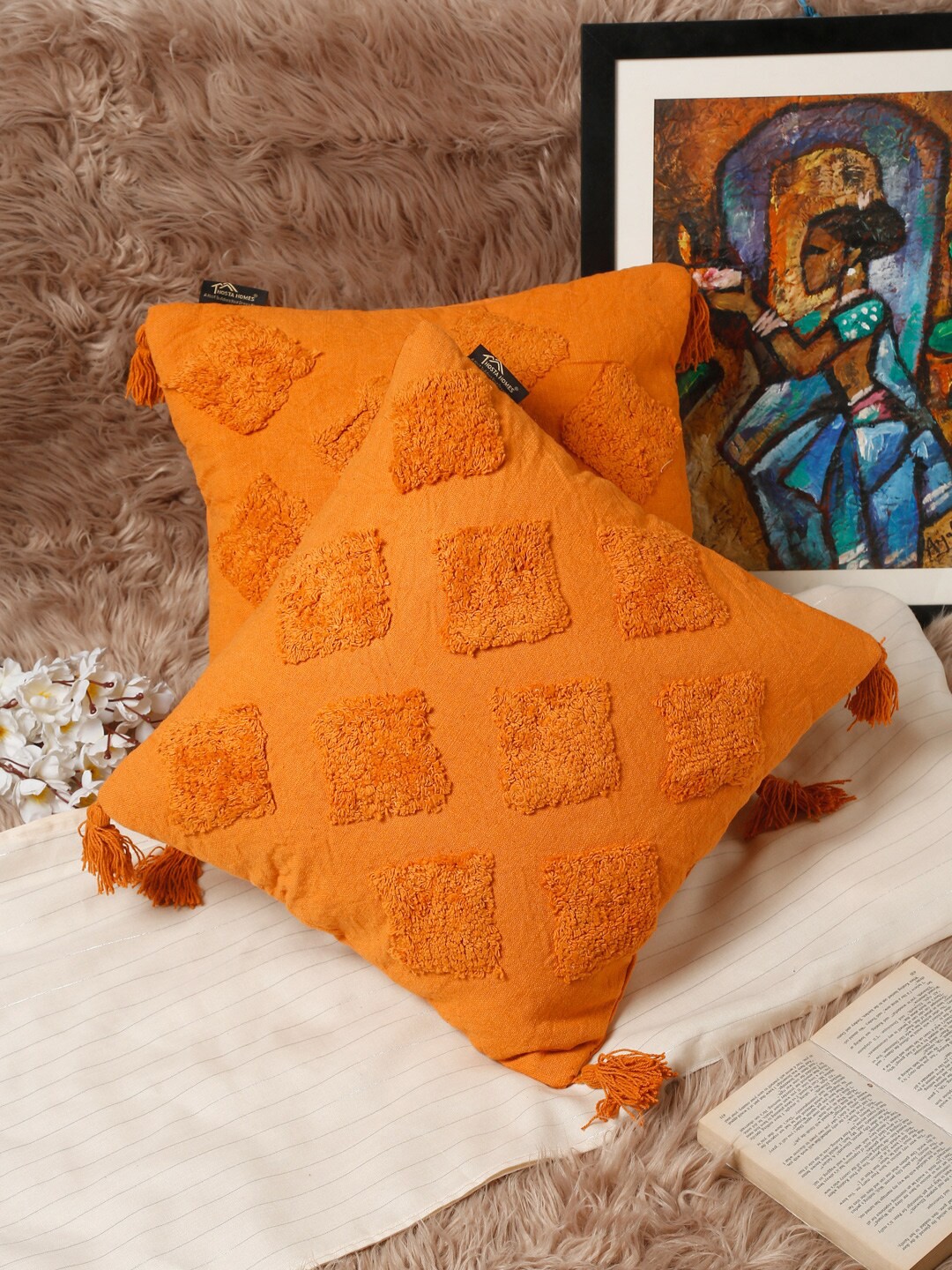 

HOSTA HOMES Set Of 2 Orange Geometric Pure Cotton Square Cushion Covers