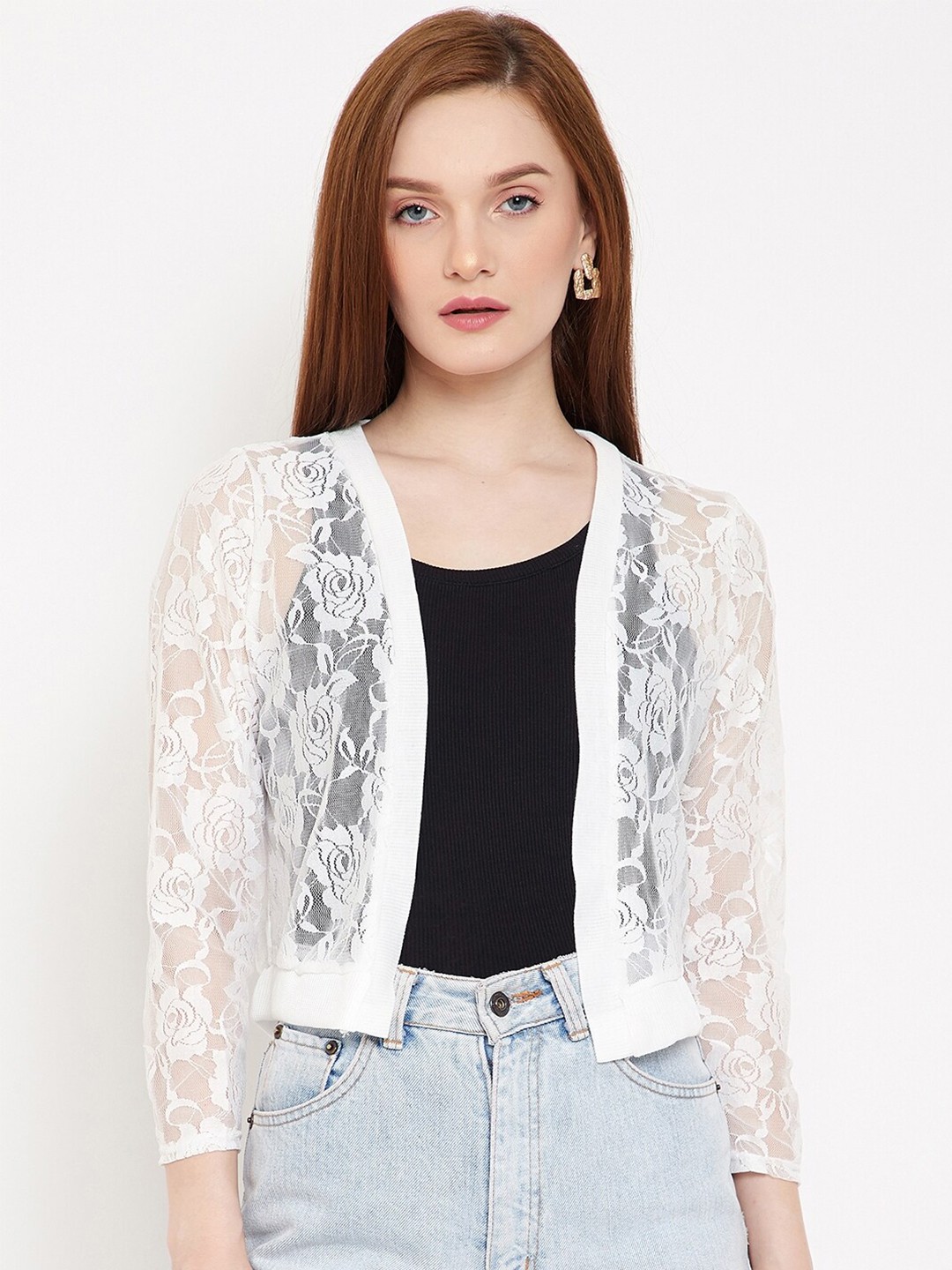 

Camey Women White Self-Design Sheer Open Front Shrug