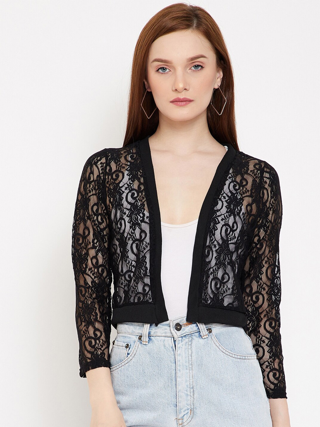 

Camey Women Black Self-Design Floral Crop Open Front Shrug