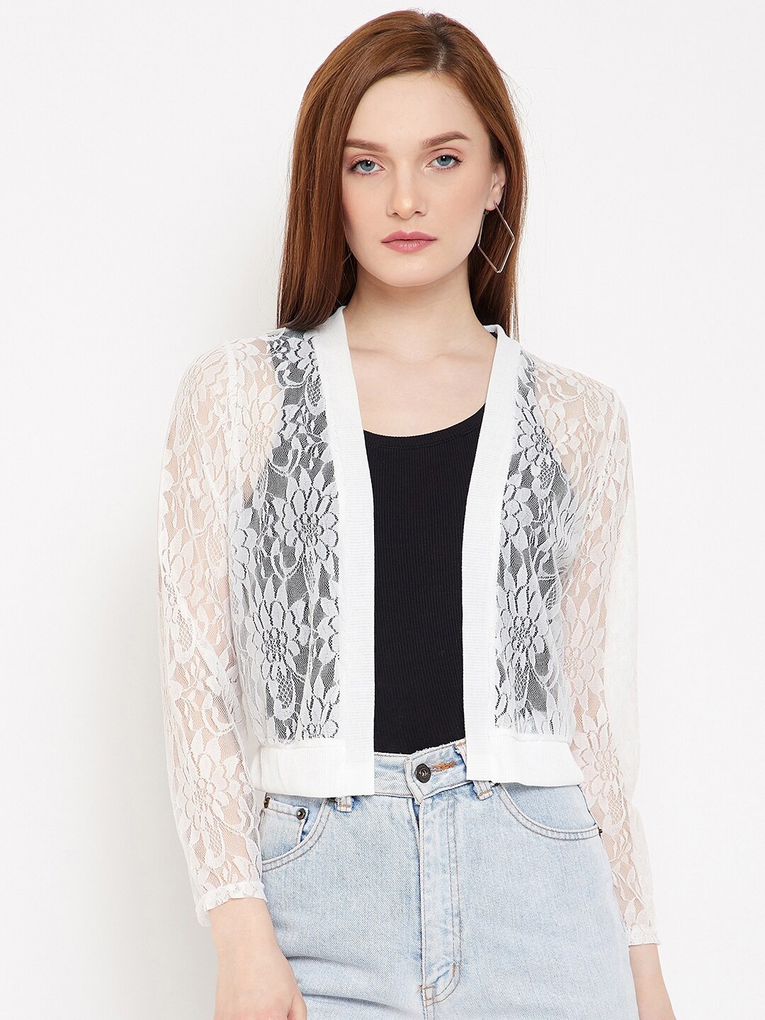 

Camey Women White Self-Design Floral Open Front Shrug