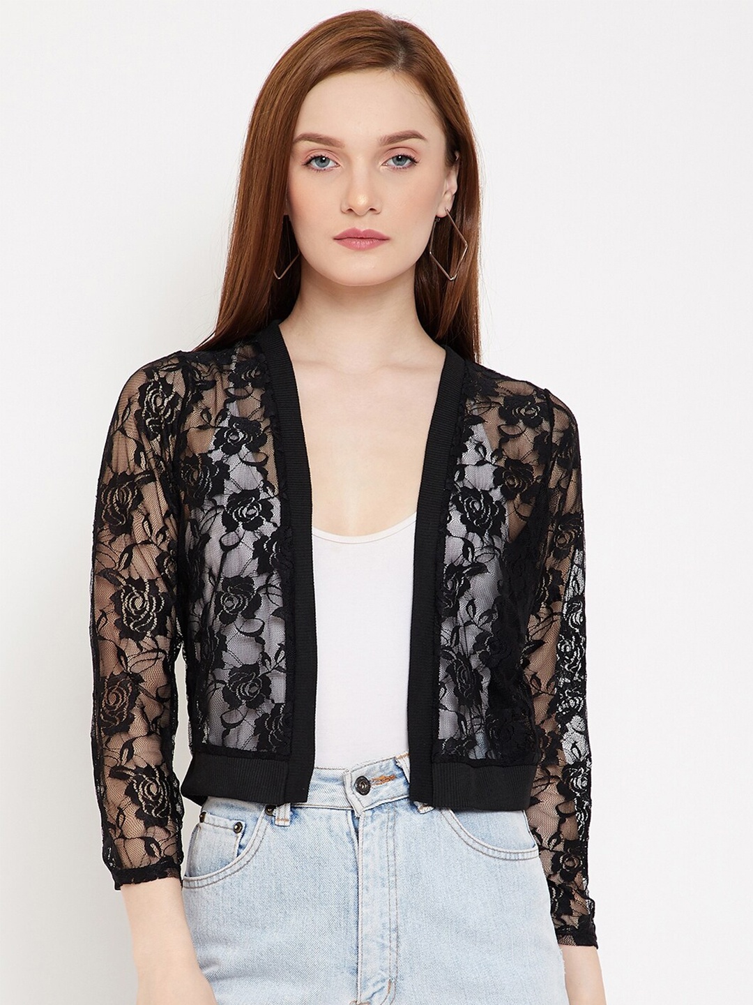 

Camey Women Black Self-Design Floral Crop Open Front Shrug