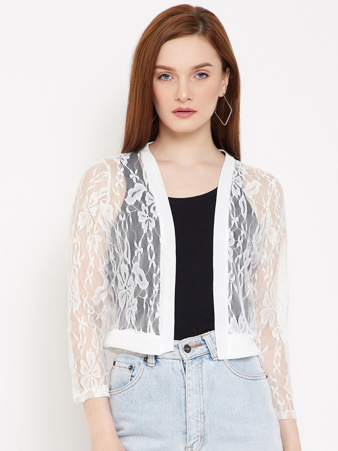

Camey Women White Self-Design Sheer Open Front Shrug