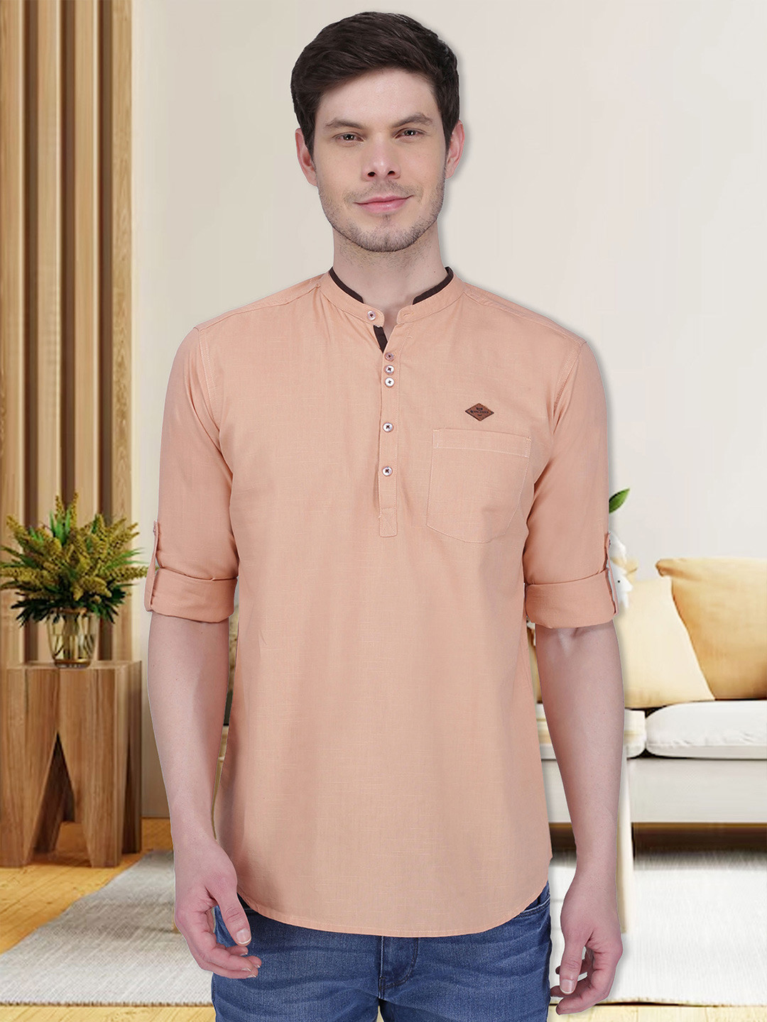 

Kuons Avenue Men Tan Patchwork Linen Cotton Short Kurta