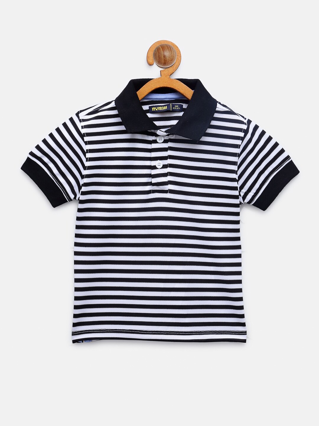 

NYNSH- PlusS Kids Boys White & Black Striped Polo Collar Pure Cotton T-shirt